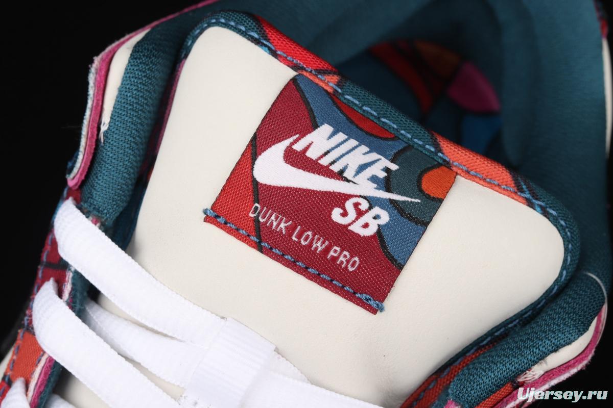 Parra x NIKE DUNK SB Low Pro White, Blue and Red Abstract Art scratch Music Olympic Slam Dunk Series retro low-top leisure sports skateboard shoes DH7695-600