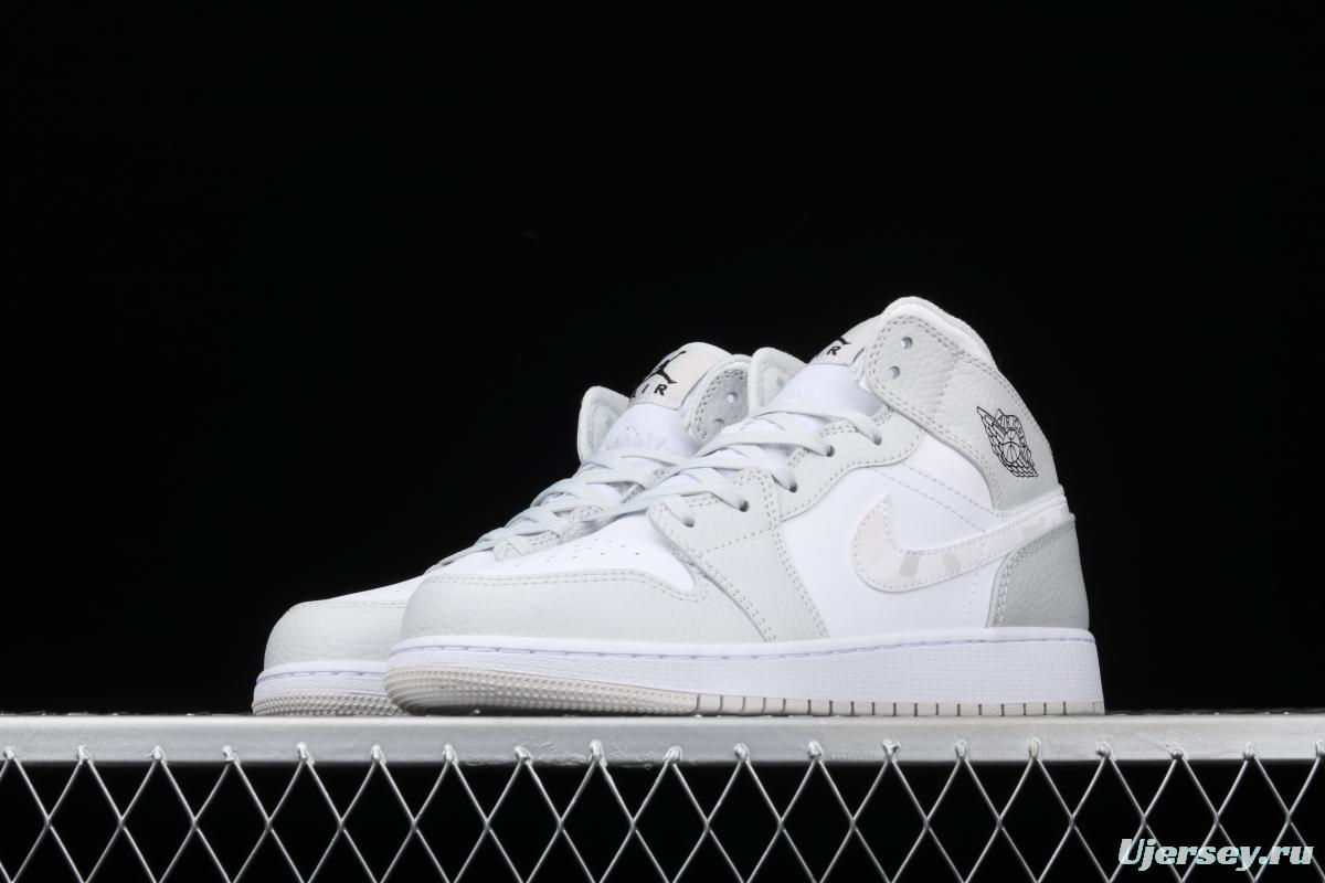 Air Jordan 1 Mid GS White Grey camouflage Bang Basketball shoes DD3235-100