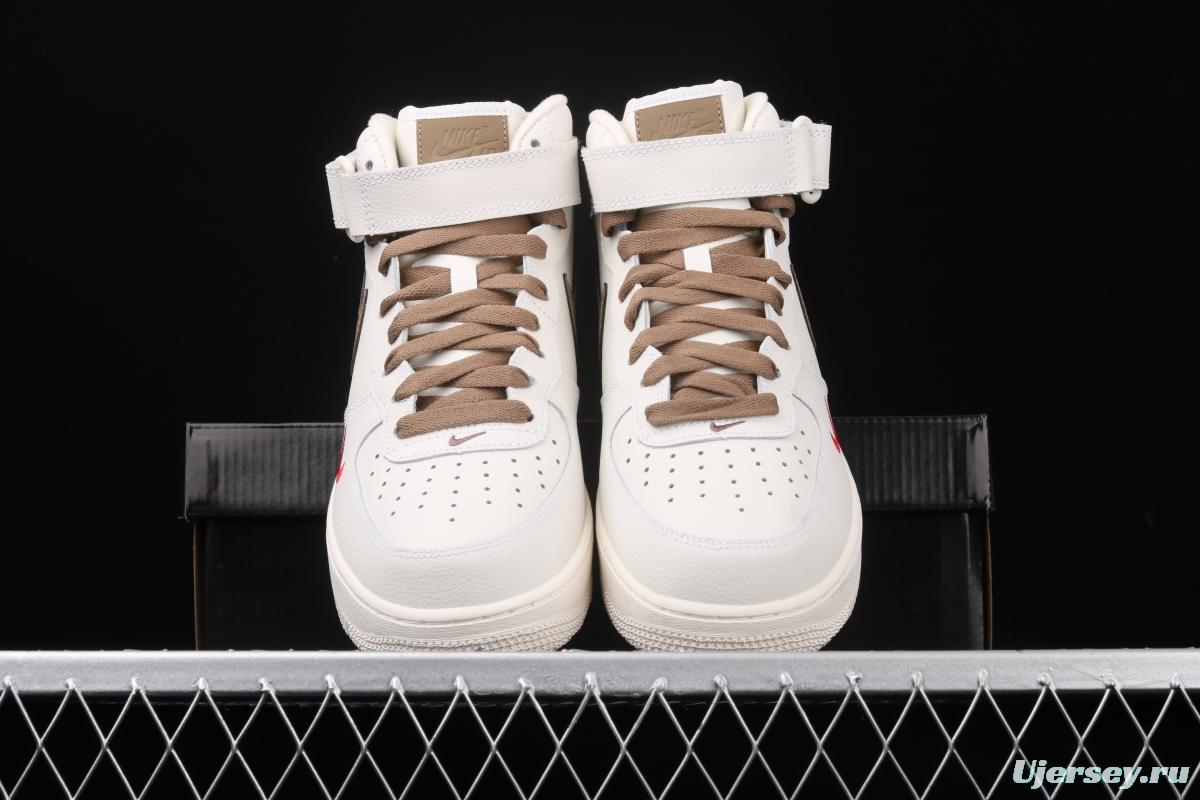 NIKE Air Force 1 Mid milky white light brown hook high top casual board shoes 808788-998