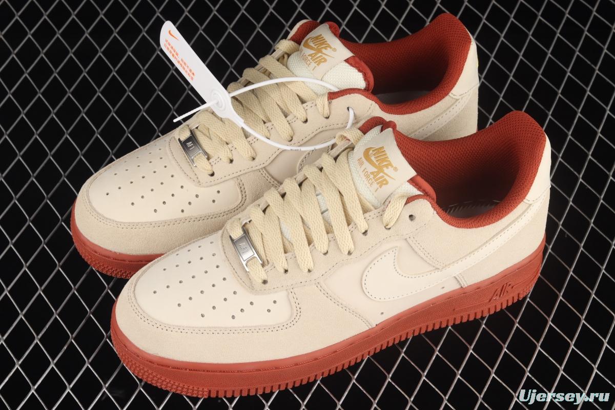 NIKE Air Force 1x07 SE beige / brick red suede spliced low-top casual board shoes AA1391-111,