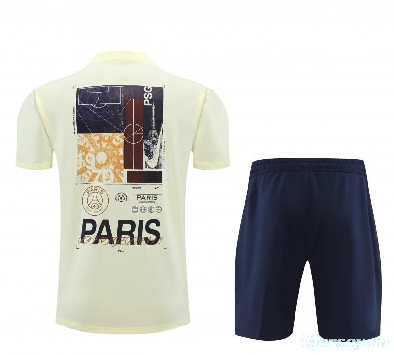 23/24 PSG Light Yellow Cotton Short Sleeve Jersey+Shorts