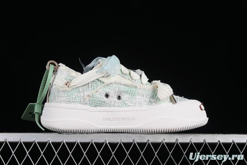 SMILEREPUBLIC Mint Manbo Light Blue Checkered Open Smile Platform Canvas Shoes - G.D4