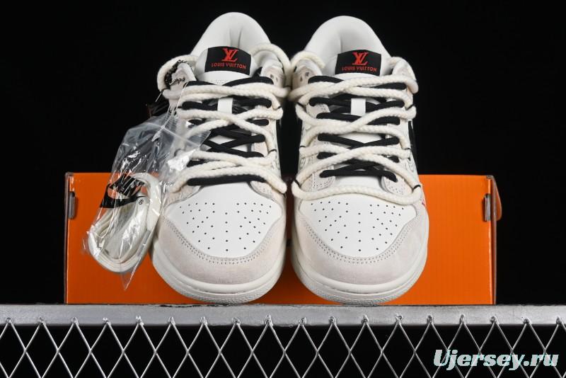 Nike SB Dunk Low LV Collaboration Anniversary Customized Sneakers in Off-White Black Swoosh Triple Floral - SJ2068-235