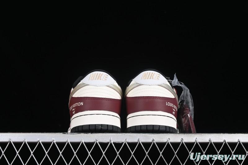 Louis Vuitton x Nike Dunk Low Customized Sneakers - Burgundy with Silver Swoosh SB Low Top Casual Skate Shoes - FC1688-188