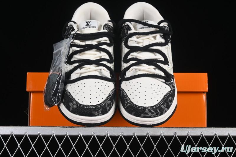 Nike SB Dunk Low LV Collaboration - Black Denim Print Anniversary High-End Custom Low-Top Casual Skate Shoes - SJ2068-238