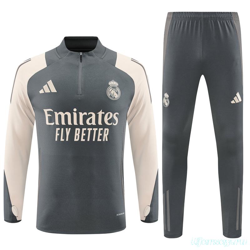 24/25 Real Madrid Grey/Khaki Half Zipper Jacket+Long Pants