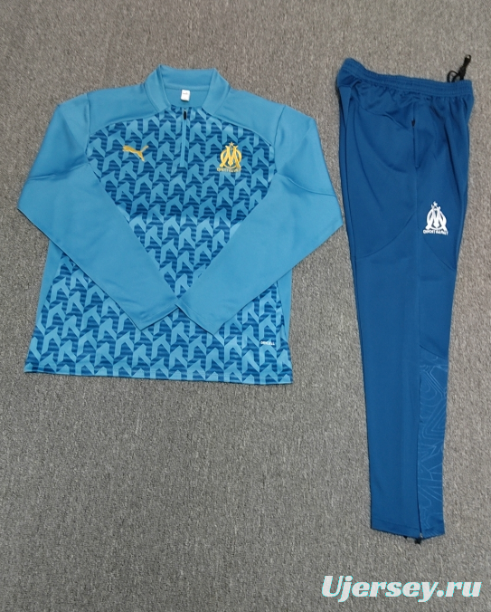 24/25 Kids Olympique Marseille Blue Grid Half Zipper Jacket+Long Pants