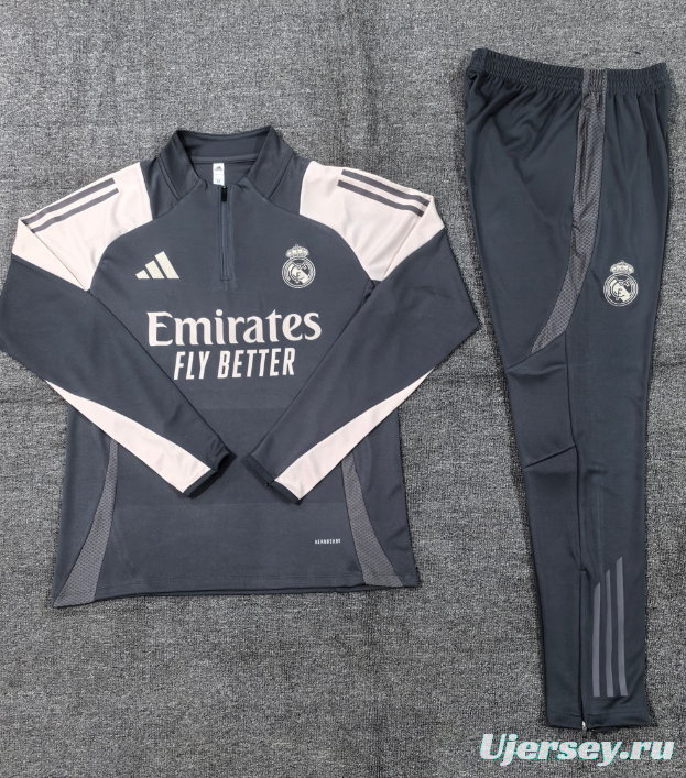 24/25 Kids Real Madrid Grey/Khaki Half Zipper Jacket+Long Pants