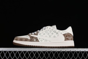 Nike Travis Scott x Fragment Design x Jordan Air Jordan 1 Low OG SP AJ1 LV Light Brown Print Casual Sneakers - SJ2068-102
