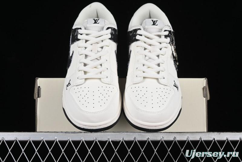 Nike SB Dunk Low LV Collaboration - Black Denim Off-White Black Swoosh Anniversary Custom Low-Top Casual Skate Shoes - DJ2024-009