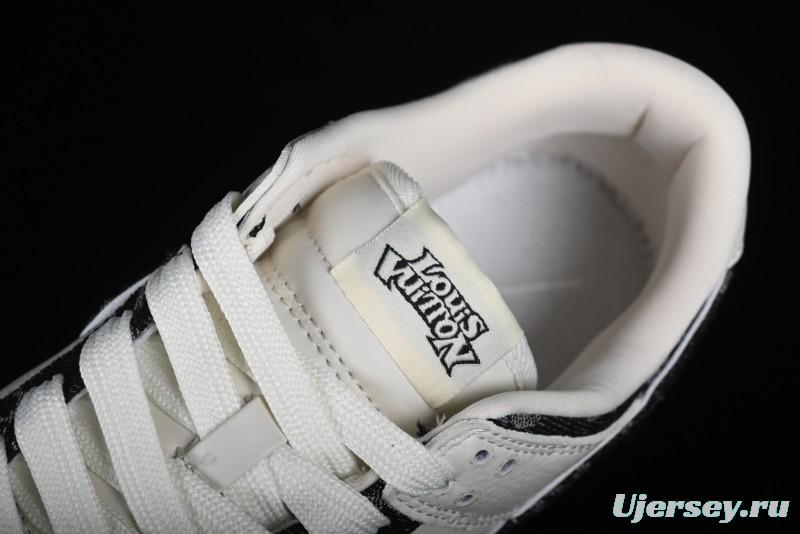 Nike SB Dunk Low LV Collaboration - Beige Black Denim Floral Anniversary High-End Custom Low-Top Casual Skate Shoes - XB3802-358