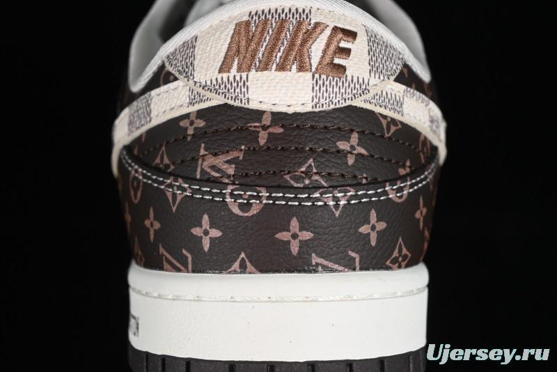 Nike SB Dunk Low LV Collaboration - Checkerboard Brown Monogram White Swoosh Anniversary High-End Custom Low-Top Casual Skate Shoes - SJ2068-255