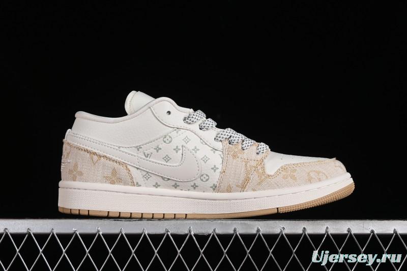 Nike Air Jordan 1 Low LV Collaboration Denim Khaki Customized Casual Sneakers - SJ9950-002