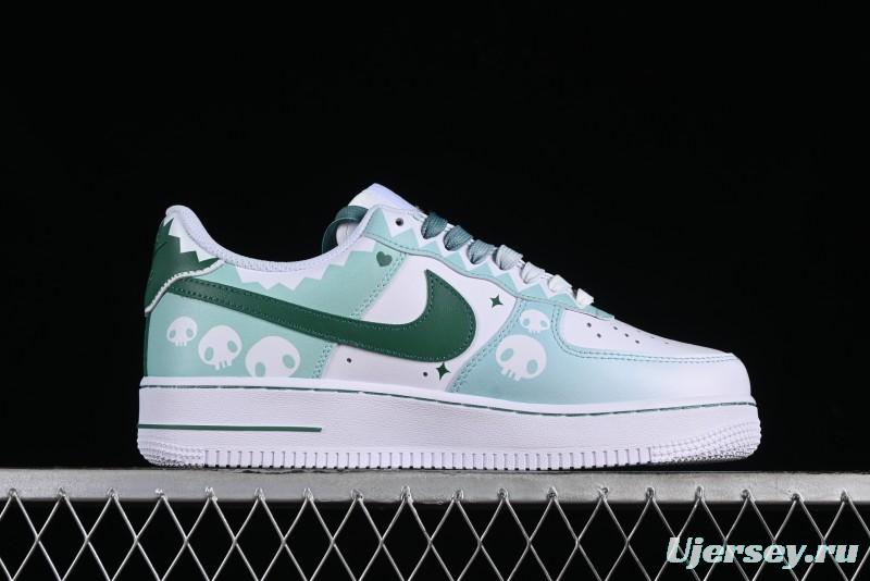 Nike Air Force 1 '07 Low Witch Collaboration Custom Leather Sneakers with Skull and Gradient White-Green Design - CW2288-111