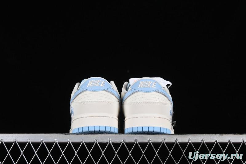 Stussy x Nike Dunk Low SB Skate Shoes in White with Light Blue Swoosh - DQ1098-380