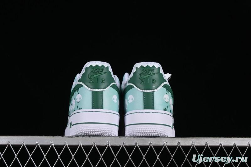 Nike Air Force 1 '07 Low Witch Collaboration Custom Leather Sneakers with Skull and Gradient White-Green Design - CW2288-111