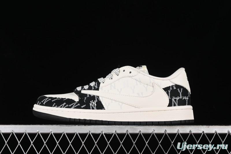 Nike Travis Scott x Fragment Design x Air Jordan 1 Low OG SP AJ1 MLB Collaboration - NY Black Print Low Top Casual Sneakers SJ2068-104