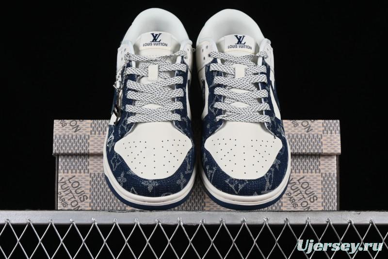 Nike SB Dunk Low LV Collaboration - Dark Blue Denim Anniversary High-End Custom Low-Top Casual Skate Shoes - XP3802-335