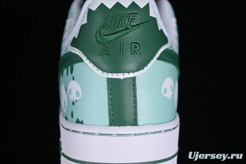 Nike Air Force 1 '07 Low Witch Collaboration Custom Leather Sneakers with Skull and Gradient White-Green Design - CW2288-111