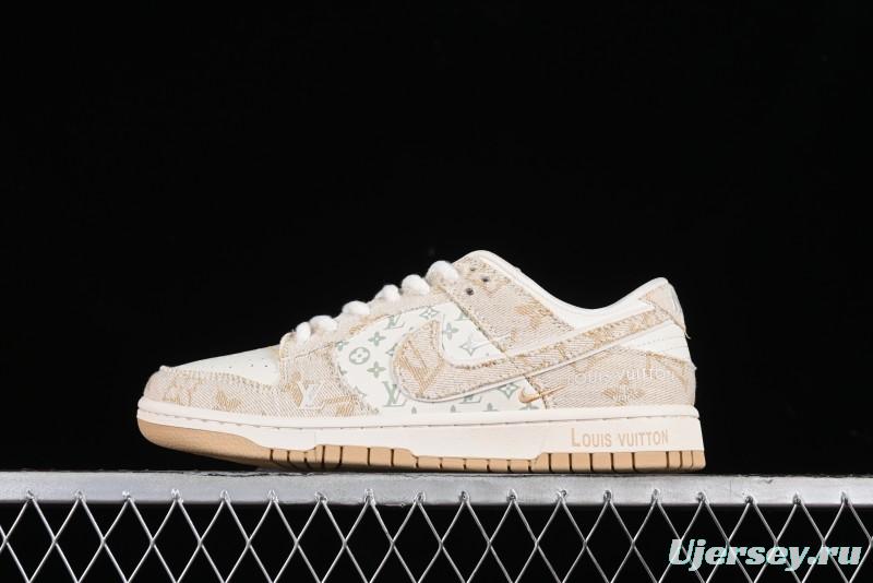 Nike SB Dunk Low LV Collaboration - Beige Swoosh Anniversary High-End Custom Low-Top Casual Skate Shoes - SJ2068-258