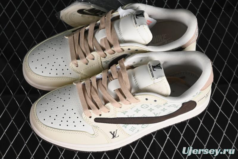 Nike Travis Scott x Fragment Design x Jordan Air Jordan 1 Low OG SP AJ1 LV Beige Brown Print Casual Sneakers - LJ5188-006