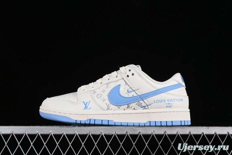 Nike SB Dunk Low LV Collaboration - Beige Blue Double Swoosh Print Anniversary Custom Low-Top Casual Sneakers - CF3688-005