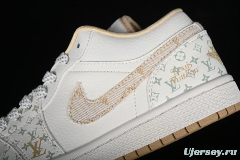Nike Air Jordan 1 Low AJ1 Louis Vuitton Print Khaki Custom High-End Low-Top Basketball Shoes - SJ9950-004