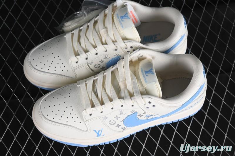 Nike SB Dunk Low LV Collaboration - Beige Blue Double Swoosh Print Anniversary Custom Low-Top Casual Sneakers - CF3688-005