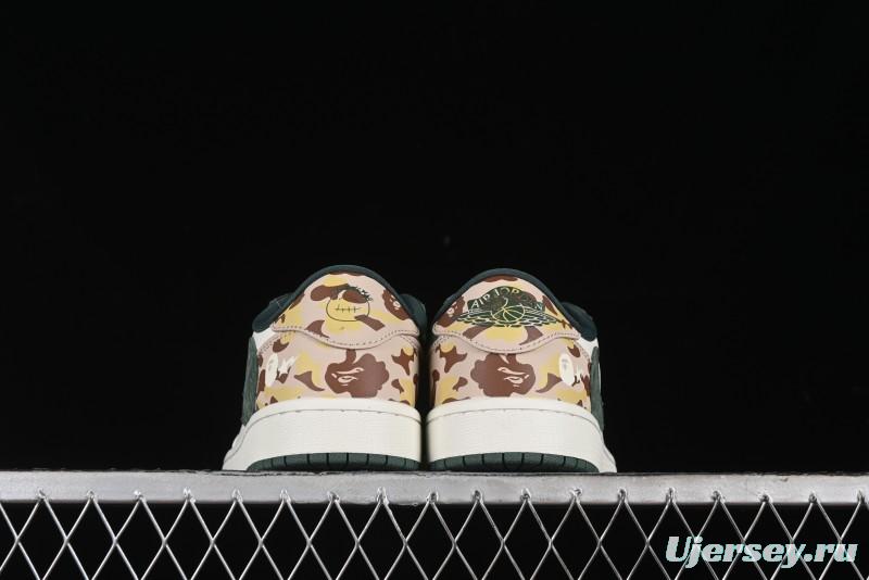 Nike Travis Scott x Fragment Design x Air Jordan 1 Low OG SP AJ1 Bape Collaboration - Camo Green Low Top Casual Sneakers - JH6088-614