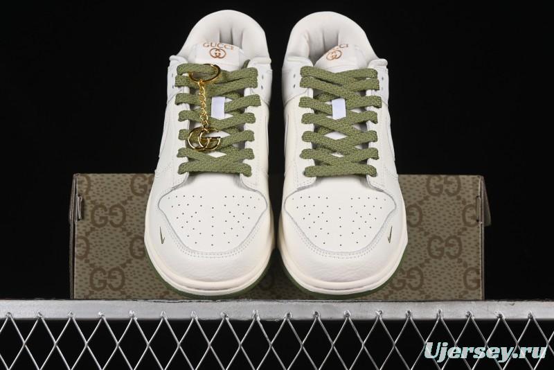 Nike SB Dunk Low Gucci Collaboration - Off White with Green Swoosh Anniversary High-End Custom Low-Top Casual Skate Shoes - KK1888-007