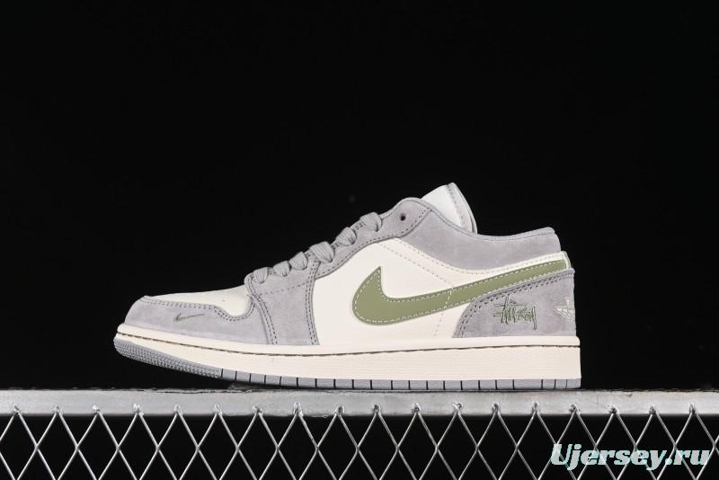 Nike Air Jordan 1 Low Stussy Collaboration - Light Green Elegant Grey Retro Basketball Shoes - WG8850-016
