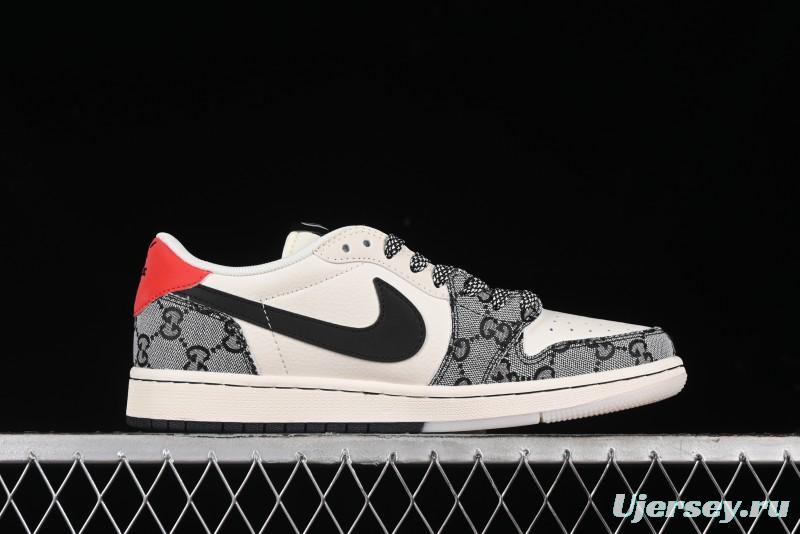 Nike Travis Scott x Fragment Design x Air Jordan 1 Low OG SP AJ1 Gucci Collaboration - Black Grey Pattern Low Top Casual Sneakers - XY2688-117