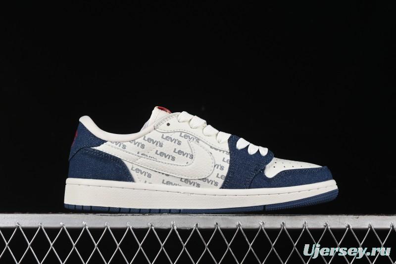 Nike Travis Scott x Fragment Design x Air Jordan 1 Low OG SP AJ1 Levi's Collaboration - White Blue Canvas Low Top Casual Sneakers - JH6088-605