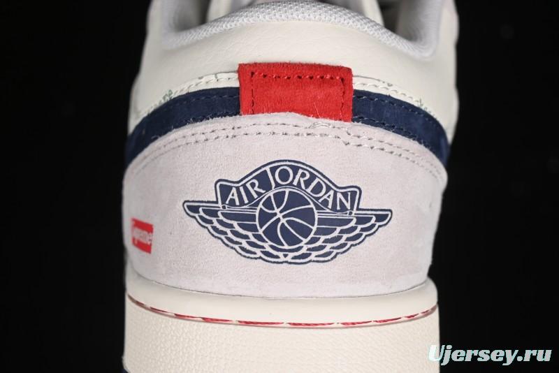 Nike Air Jordan 1 Low Supreme Collaboration - Pig Grey Print Custom Retro Basketball Shoes - LJ6688-009