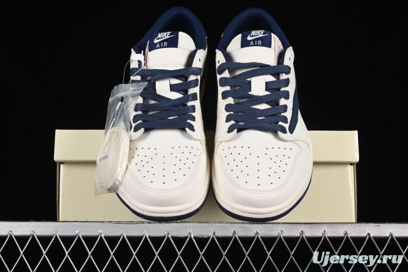 Nike Travis Scott x Fragment Design x Air Jordan 1 Low OG SP AJ1 Supreme Collaboration - White Navy Blue Low Top Casual Sneakers - XZ116