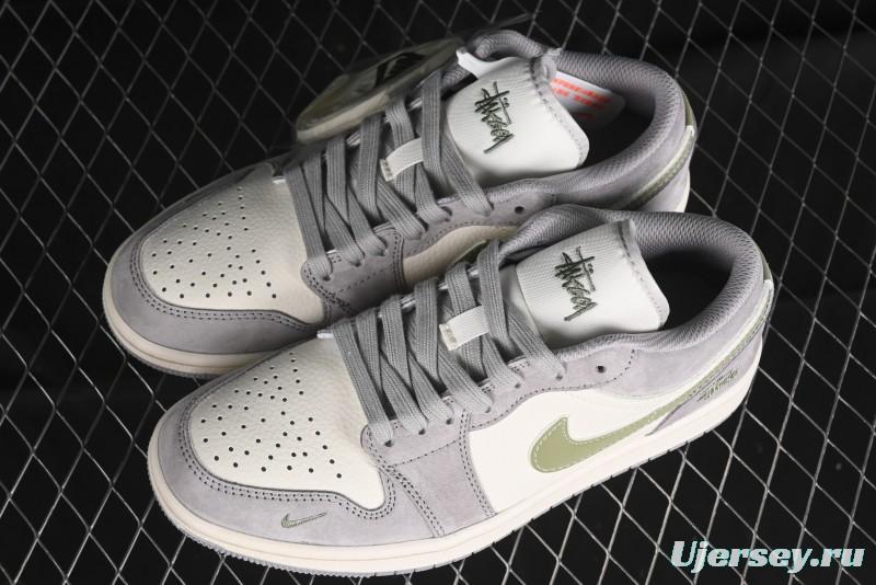 Nike Air Jordan 1 Low Stussy Collaboration - Light Green Elegant Grey Retro Basketball Shoes - WG8850-016