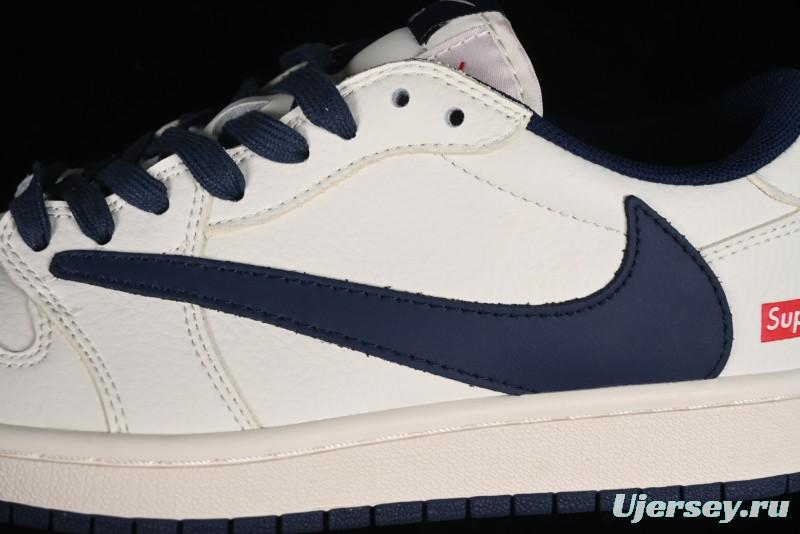 Nike Travis Scott x Fragment Design x Air Jordan 1 Low OG SP AJ1 Supreme Collaboration - White Navy Blue Low Top Casual Sneakers - XZ116