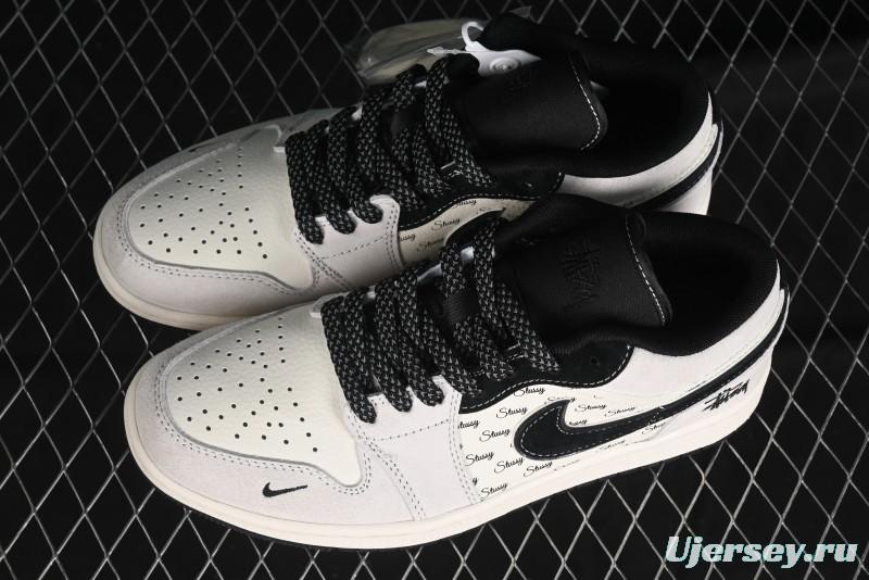 Nike Air Jordan 1 Low Stussy Collaboration - Silver Trim Black Swoosh Retro Basketball Shoes - SJ9950-026
