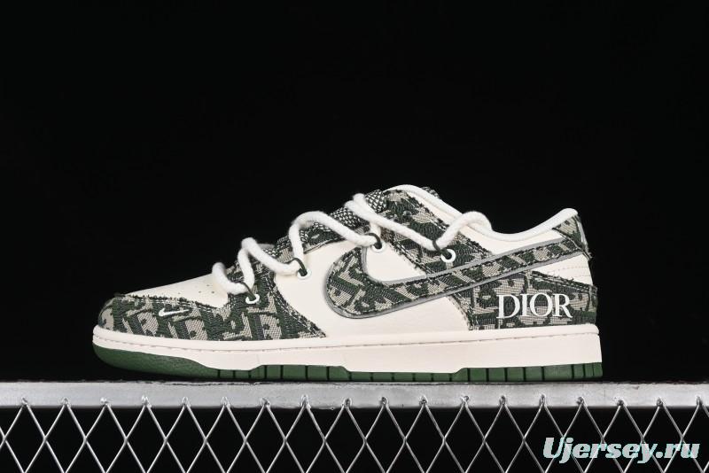 Nike SB Dunk Low Dior Collaboration - Strap Woven Green Check Anniversary High-End Custom Low-Top Casual Skate Shoes - SJ2068-309