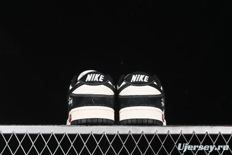 Nike SB Dunk Low Supreme x Stussy Triple Collaboration - Black White Black Swoosh Anniversary Custom Low Top Casual Skate Shoes - SJ2068-300