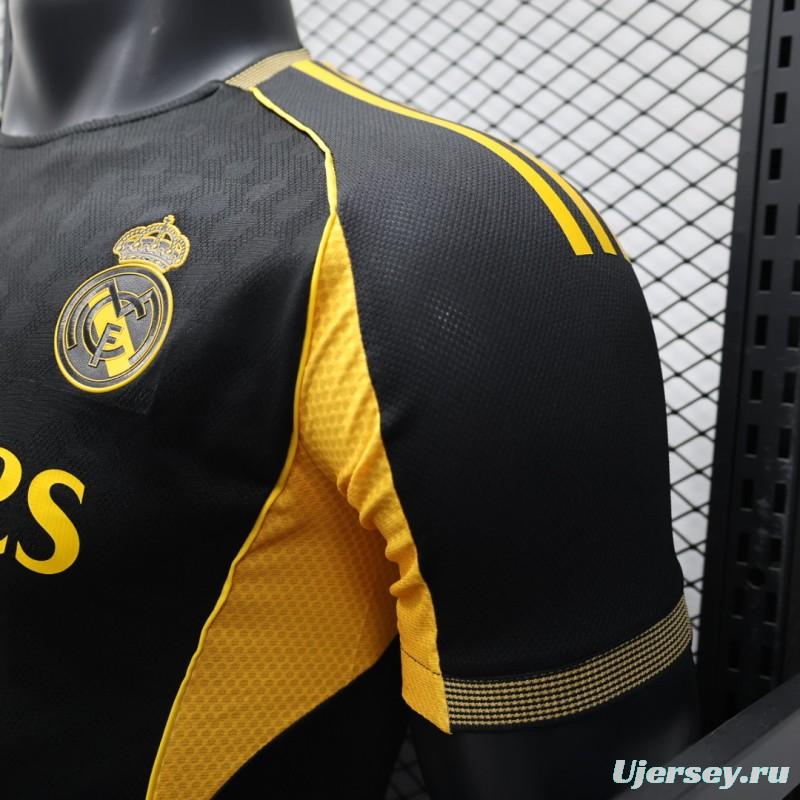 Player Version 25/26 Real Madrid Black with Gold Accents and Emirates Sponsor Jersey