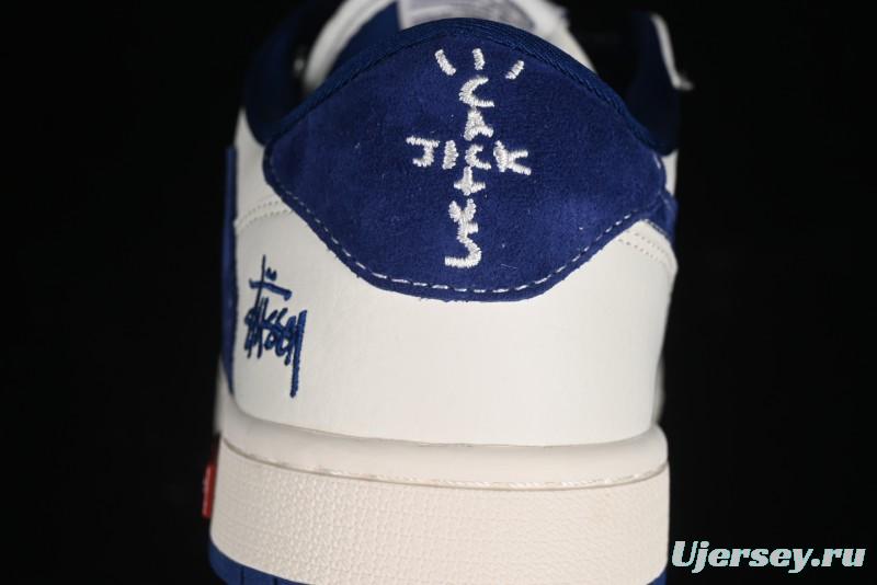 Nike Travis Scott x Fragment Design x Air Jordan 1 Low OG SP AJ1 Supreme Stussy Collaboration - Suede Blue Swoosh Low-Top Casual Sneakers - SJ2068-127