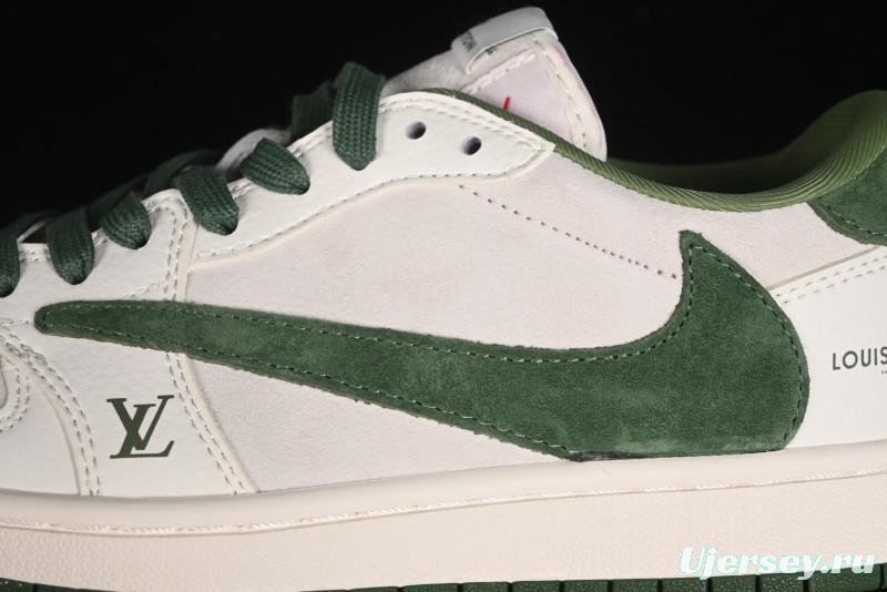 Nike Travis Scott x Fragment Design x Air Jordan 1 Low OG SP AJ1 LV Collaboration - Grey Green Pigskin Low Top Casual Sneakers - XZ1268-005