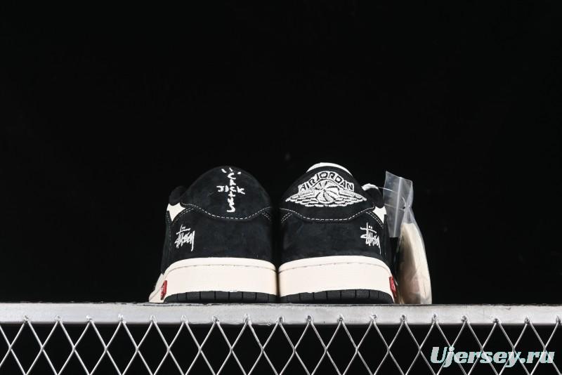 Nike Travis Scott x Fragment Design x Air Jordan 1 Low OG SP AJ1 Supreme Stussy Collaboration - Red Tab Black Warrior Low Top Casual Sneakers - SJ2068-124