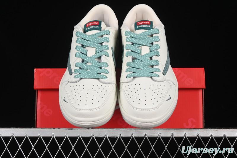 Nike Travis Scott x Fragment Design x Air Jordan 1 Low OG SP AJ1 Supreme Collaboration - Green Canvas Swoosh Low-Top Casual Sneakers - JH6088-706