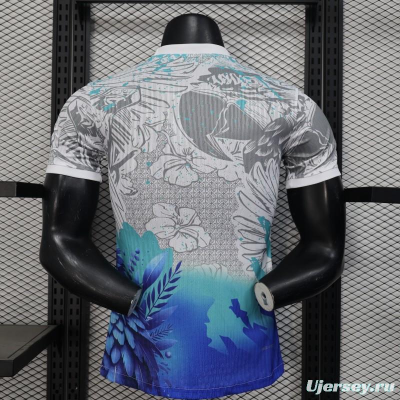 Player Version 2025 Brazil White with Blue Macaw Jersey