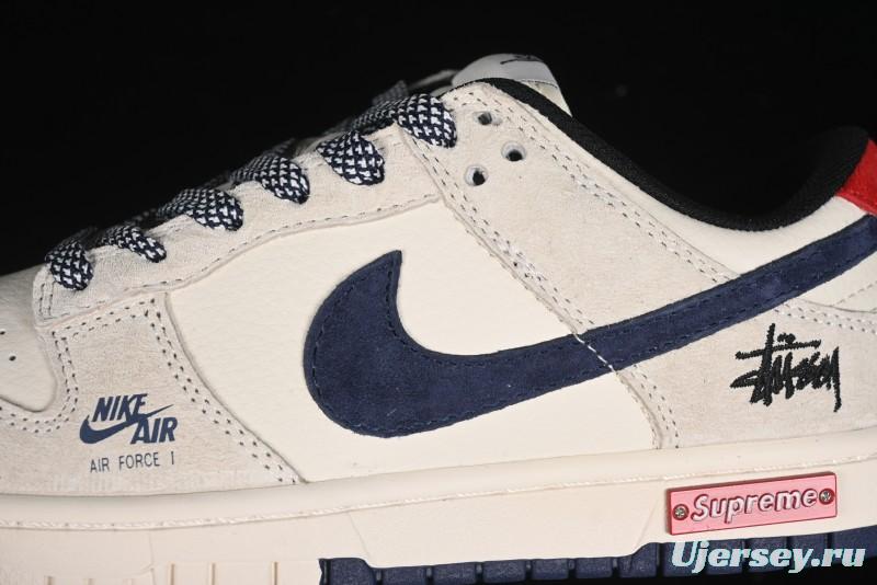 Nike SB Dunk Low Supreme x Stussy Triple Collaboration - Off White Navy Swoosh Anniversary Custom Low-Top Casual Sneakers - SJ2068-301