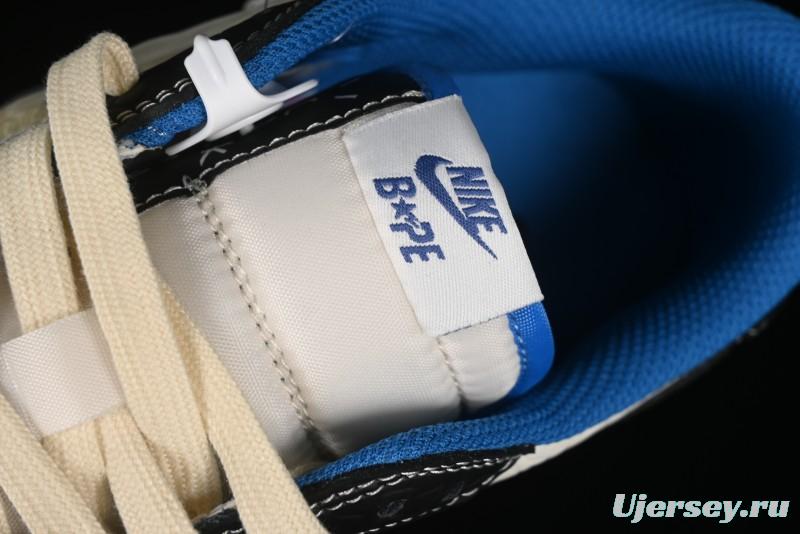 Nike Travis Scott x Fragment Design x Air Jordan 1 Low OG SP AJ1 Bape Collaboration - Crocodile Leather Black White Blue Low Top Casual Sneakers - XZ2828-001