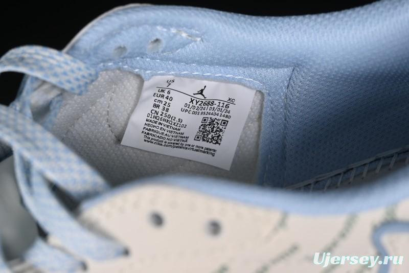 Nike Travis Scott x Fragment Design x Air Jordan 1 Low OG SP AJ1 Supreme Collaboration - White Blue Lettering Low Top Casual Sneakers - XY2688-116