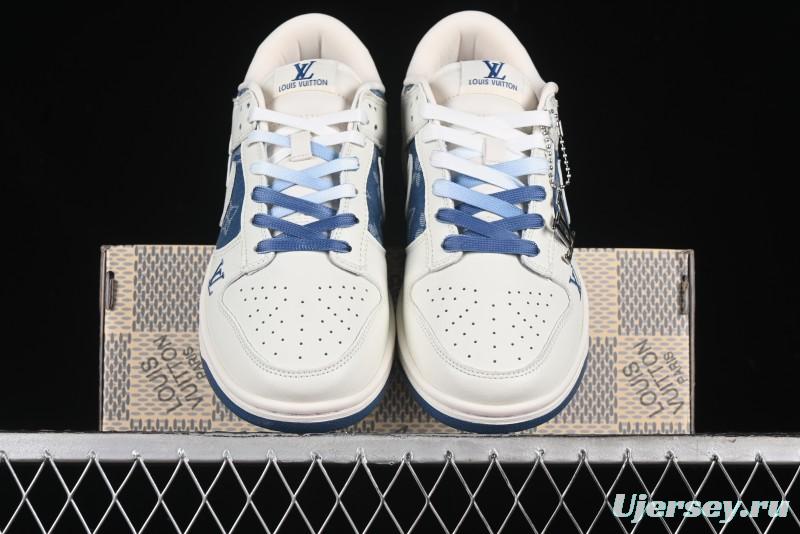 Nike SB Dunk Low LV Collaboration - Beige Blue Print Anniversary High-End Custom Low-Top Casual Skate Shoes - JH8310-954